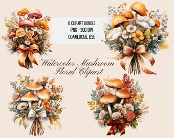 Watercolor Mushroom Bouquets Digital Clipart, Commercial Use, Digital Download, Mushroom Clipart, Flower Clipart, Mushroom PNG Clipart.