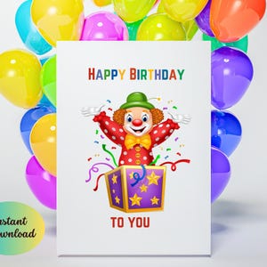 Happy Birthday Card Clown, Digital Download, Printable Birthday card, Birthday Card, Clown Birthday Card.