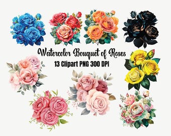 Watercolor Rose Bouquet Clipart, 13 PNG Printable Floral Wedding Invitation DIY Graphics.