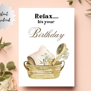 Relaxe, é seu cartão de aniversário, cesta com cartão de autocuidado, cartão de aniversário para mãe, cartão relaxante, amiga, irmã, cartão de aniversário em aquarela.