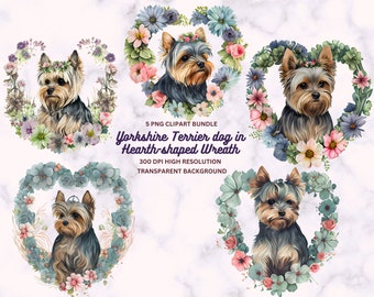 Watercolor Yorkshire Terrier in Hearth Shaped Floral Wreath Clipart, 5 PNG 300 DPI Digital Download Floral Clipart for Commercial Use.