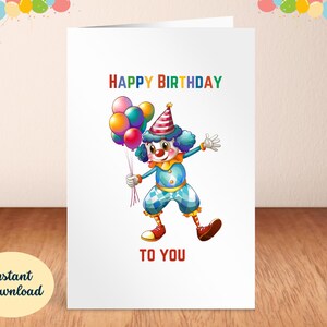 Happy Birthday Card Clown with Balloons, Digital Download, Printable Birthday card, Birthday Card, Clown Birthday Card.