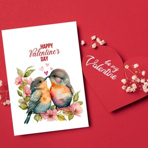 Acuarela Dulce Parejas Amor Pájaros Tarjeta de San Valentín, Romance emplumado, Tweethearts de San Valentín, Tarjeta de felicitación digital imprimible.