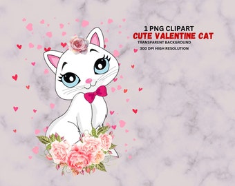 Cute Cartoon Valentine White Cat Clipart, Valentine DIY Crafts, 300 DPI High Resolution Transparent Background for Commercial use.