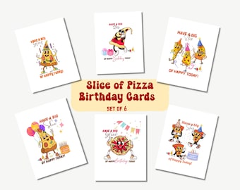 Juego de 6 tarjetas de cumpleaños divertidas con pizza, descarga instantánea.