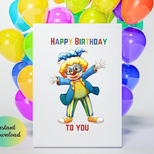 Happy Birthday Card with Clown, Digital Download, Printable Birthday card, Birthday Card, Clown Birthday Card.