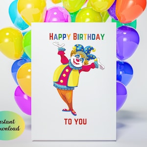 Happy Birthday Card Clown, Digital Download, Printable Birthday card, Birthday Card, Clown Birthday Card.