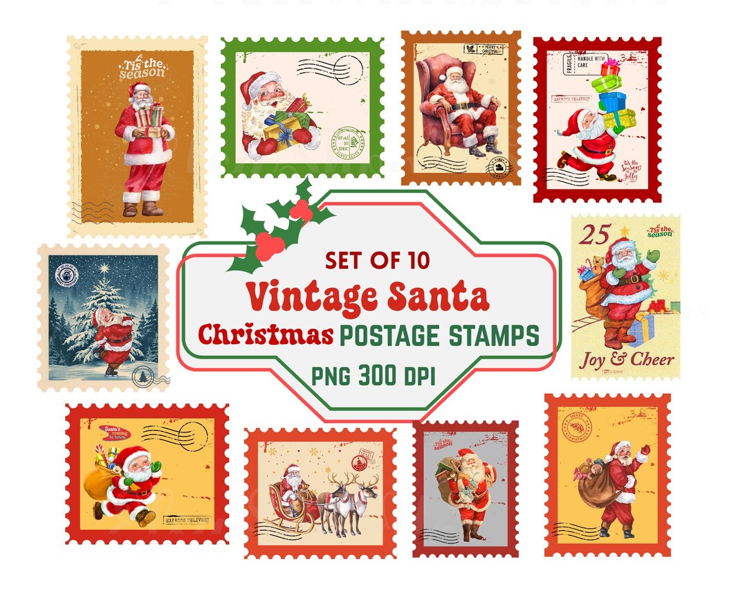 Watercolor Vintage Christmas Santa Postage Stamp Clipart Design, Retro ...