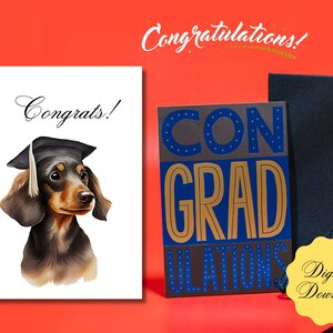 Teckel mignon portant une casquette de fin d'études, promotion de 2025, carte de fin d'études secondaires, carte de félicitations pour diplômé universitaire.