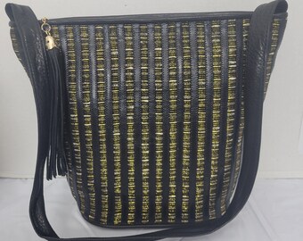 Black with pewter gold fabric Zigzag design Leather Shoulder Handbag for women. Zigzag Design on front side only. Made In USA!