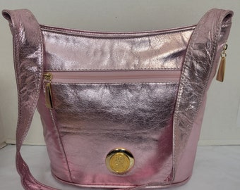 Tejrasila-Shining pink genuine leather, gold matel coin design Shoulder handbag! Three outside pockets.Made in USA!