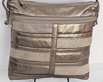 Metallic Leather Patchwork Crossbody Purse - Pewter Glitter, Made in USA