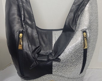 Tejrasila-Black with Shining silver print with gold metal design Hobo genuine leather handbag!