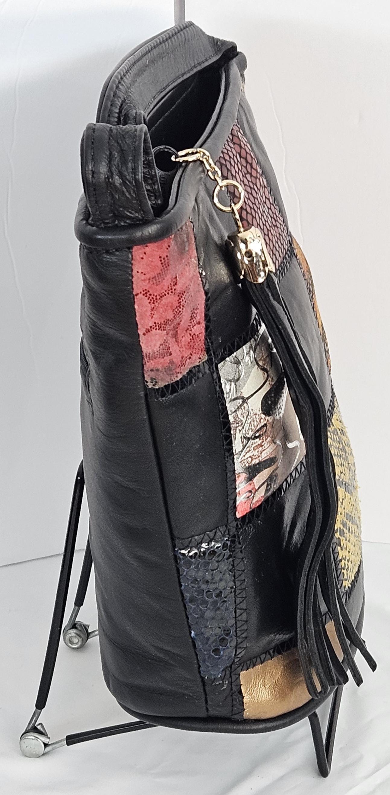 バッグ tme. Black With Multi Mix Prints Square Zigzag Genuine Leather