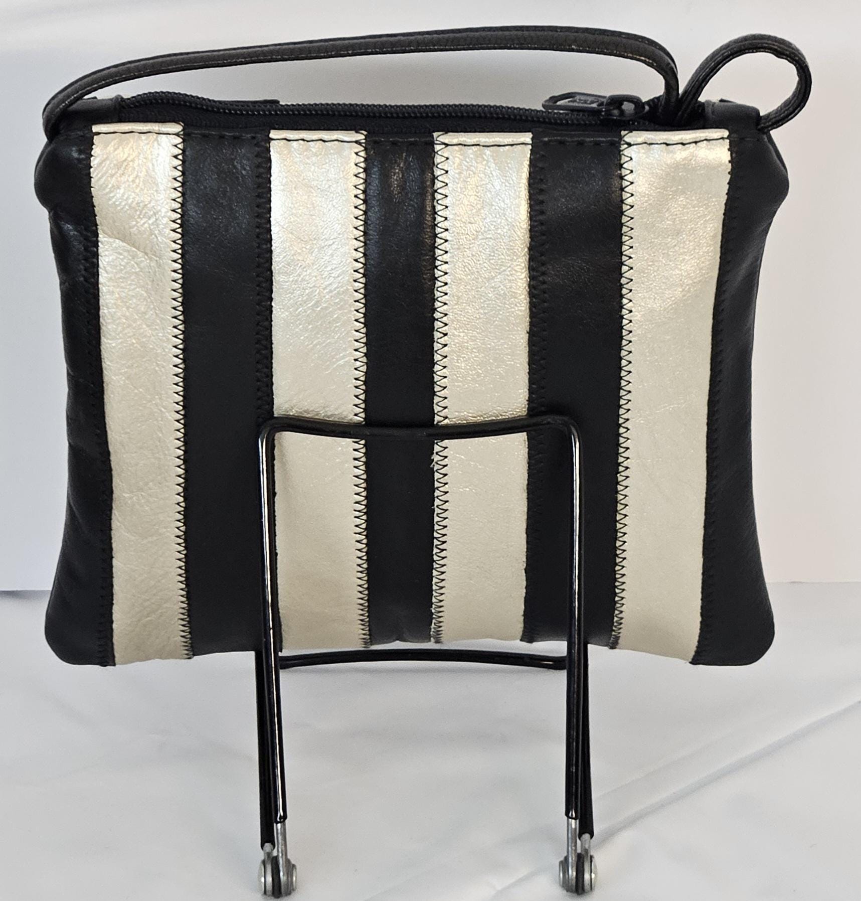 Black With Metallic Beige All Zigzag Stich Crossbody Handbag