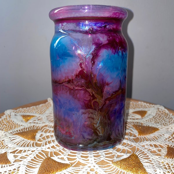 6.5 inch glass vase hand painted with alcohol ink and epoxy