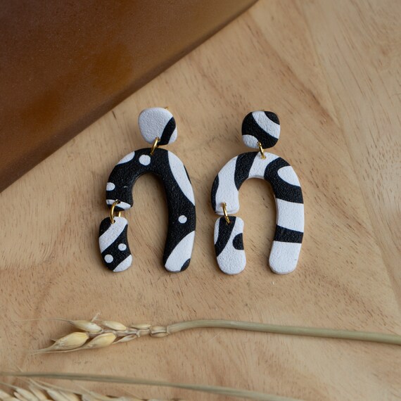 Handmade Abstract Black and White Polymer Clay Statement Earrings with Gold Hypoallergenic Hardware
