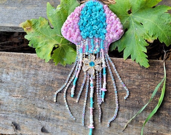 Hand beaded jellyfish on voile 