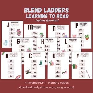 May include: A set of printable PDF worksheets for learning to read. Each page features a different letter of the alphabet and a ladder of words that start with that letter. The words are illustrated with cute cartoon images.