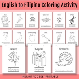 Può includere: Pagine da colorare in bianco e nero con parole inglesi e le loro traduzioni in filippino. Le parole includono yo-yo, cerniera, otto, xilofono, uva, violino, punto interrogativo, melanzana, fragola, chiave, gelato, banana, rosa, regalo e anguria.