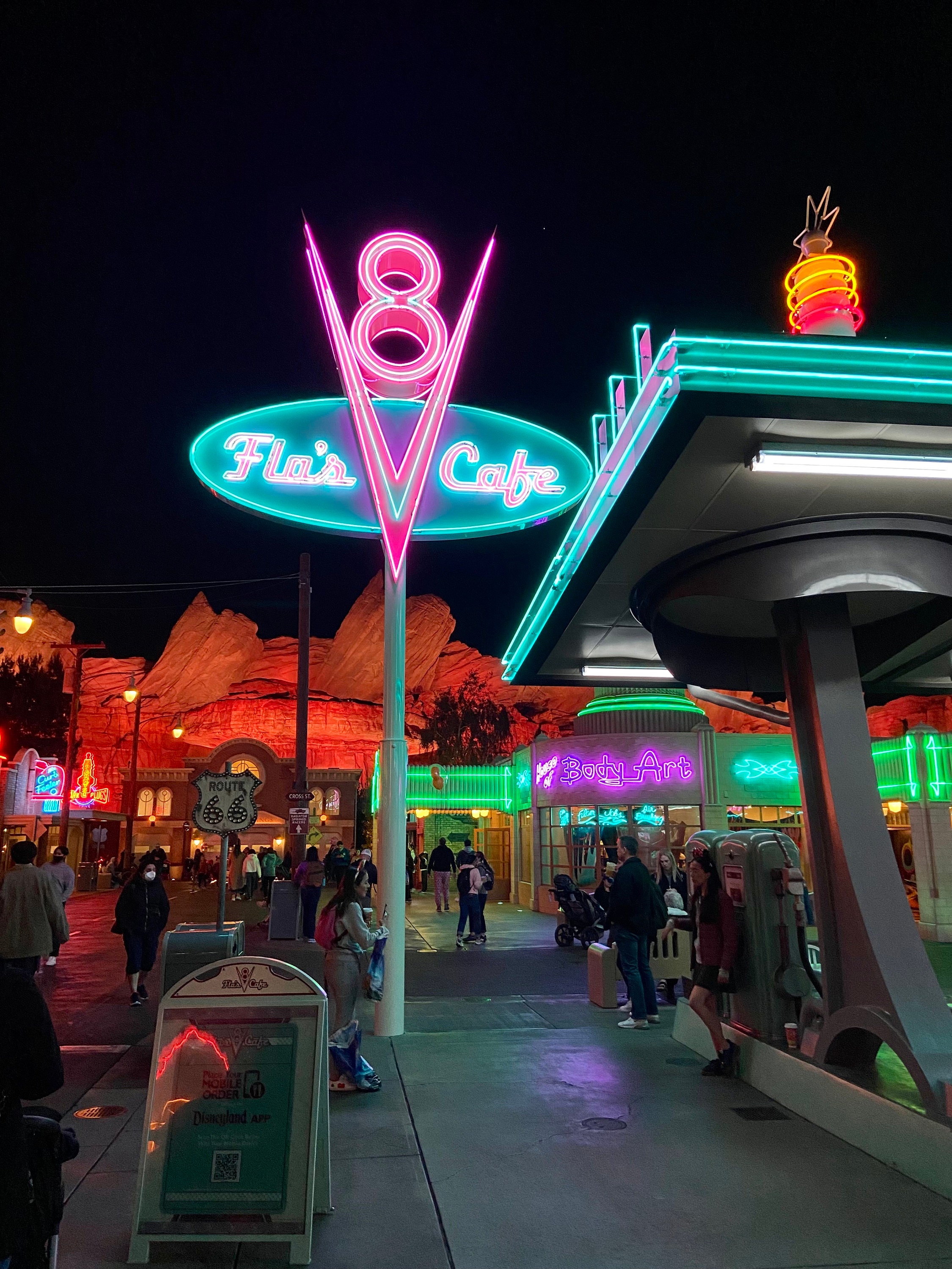 Cars Land at Night, Flo's V8 Cafe, Radiator Springs Disney's