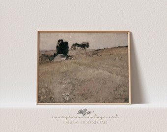 Summer Evening Landscape Print | Vintage Neutral Moody Cottagecore Farmhouse Country & Moon Printable Wall Art | Evergreen Digital Download