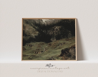 Swiss Alps Landscape | Vintage Dark Cottagecore Moody Mountain & Forest Landscape Printable Wall Art | Evergreen Digital Download