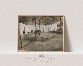 May include: A painting of a clothesline with white laundry hanging in a green yard. The yard is surrounded by trees and a fence. The painting is in a simple wooden frame.