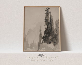 Impresión de estudio de árboles / Vintage Yosemite Tree Sketch Moody Cottagecore Woodland Forest imprimible arte de pared / Evergreen Descarga digital