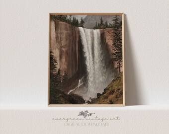 Waterfall Print | Vintage Moody Cottagecore Woodland Nature Yosemite Landscape Painting Printable Wall Art | Evergreen Digital Download