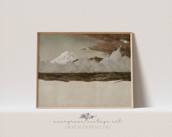 Mountain Landscape Print | Vintage Neutral Moody Cottagecore Nature Landscape Printable Wall Art | Evergreen Digital Download