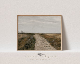 Summer Landscape Print | Vintage Neutral Moody Cottagecore Country Meadow Fields Printable Wall Art | Evergreen Digital Download