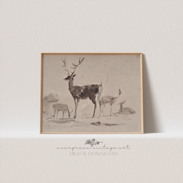 Watercolor Deer Print | Vintage Neutral Woodland Buck & Doe Printable Wall Art | Cottagecore Farmhouse Decor | Evergreen Digital Download