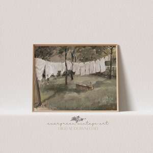 Hanging Laundry Print | Vintage Neutral Cottagecore Farmhouse Laundry Room Printable Wall Art | Evergreen Digital Download