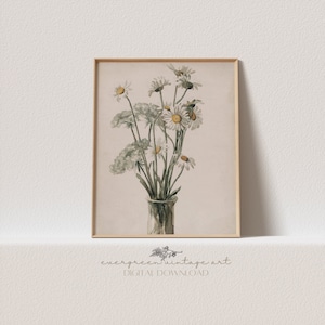 Bouquet of Daises Print | Vintage Cottagecore Kitchen Watercolor Farmhouse Botanical Printable Wall Art | Evergreen Digital Download