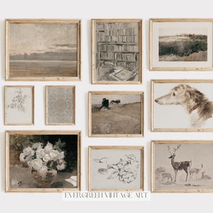 Vintage Neutral Gallery Wall Set of 10 | Soft Muted Antique Printable Art | Nursery Art | Evergreen Digital Download