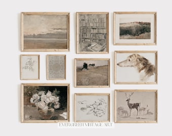 Vintage Neutral Gallery Wall Set of 10 | Soft Muted Antique Printable Art | Nursery Art | Evergreen Digital Download