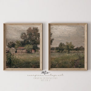 May include: A set of two vintage landscape paintings in brown frames. The paintings depict a rural scene with trees, fields, and a small building. The paintings are in a muted color palette with shades of green, brown, and gray.