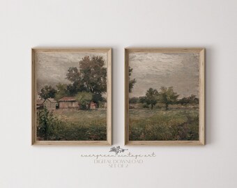 Set of 2 Split Country Landscape Prints | Vintage Moody Cottagecore Farmhouse Paintings Printable Wall Art | Evergreen Digital Download