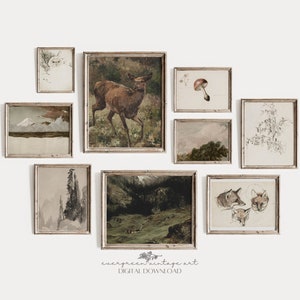 Vintage Rustic Woodland Gallery Wall Set of 9  | Mountain Landscape & Wildlife Printable Art | Nursery Art | Evergreen Digital Download