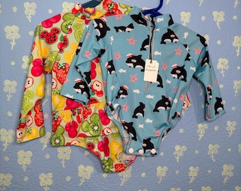 Kids Swimwear: Orca and Fruit Prints, 50 UV Protection (1-18 Months)