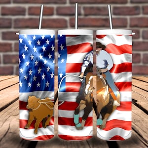 Rodeo Calf Roper with American Flag Background, 300 Dpi, Digital Download Only, Tumbler Wrap, Re-sizeable for any project, Sublimation