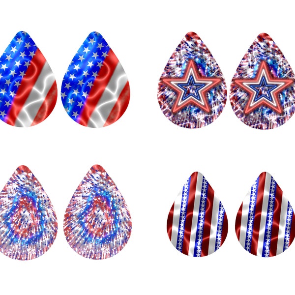 Fourth 4th of July Earring Set of 4 Sublimation PNG 300 DPI Fireworks, American Flag, Patriotic, Fun, Red, White, Blue, Stars Designs