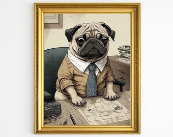Office Wall Art, Pug Dog at the Office, Digital Download, Printable Home Office Decor