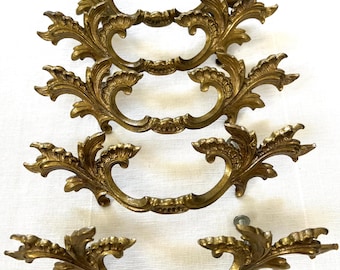 Vtg  Brass French Provincial Drawer Pulls 3.5" Center Holes Set of 5 Antique