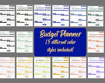 Op de afbeelding: Een verzameling van 15 printbare budgetplanner-sjablonen in verschillende kleuren. Elke sjabloon bevat secties voor de datum van de loonstrook, inkomsten, uitgaven en het totale saldo. De tekst "Budget Planner" en "15 verschillende kleurstijlen inbegrepen!" wordt weergegeven in gouden letters op een blauwe achtergrond.