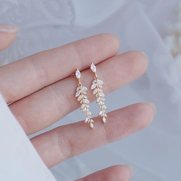 18K Gold Leaf Bridal Earrings | CZ Sparkling Bridal Leaves Earrings |Wedding Bride gold Jewelry |Bridesmaid jewelry |  Ring| gift |FREE SHIP
