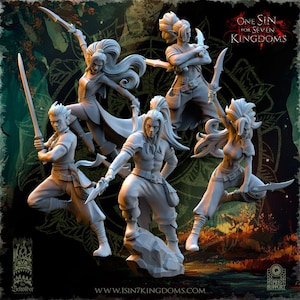 May include: Five grey fantasy figurines in action poses, each wielding a weapon. The figures have long hair and are dressed in stylized clothing. The background features a dark, patterned design with text that reads "ONE SIN FOR SEVEN KINGDOMS."