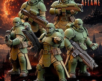 May include: Five sci-fi soldier miniatures in olive green armor with helmets and rifles. The text STARS AFLAME appears at the top right. Text at the bottom states: MINIATURE ARRIVES UNPAINTED AND REQUIRES ASSEMBLY BASES NOT INCLUDED WWW.STARSAFLAME.COM.