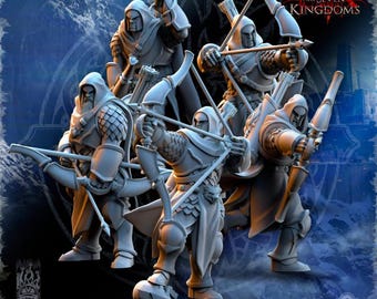 May include: Five grey plastic miniature figures of hooded archers, holding bows and arrows, with the text "One Sin for Seven Kingdoms" in the background.